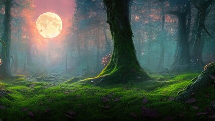 Magical dark fairy tale forest, neon sunset, rays of light through the trees. Fantasy forest landscape. Unreal world, moon, moss. 3D illustration.