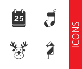 Set Firework rocket, Christmas day calendar, Reindeer and stocking icon. Vector