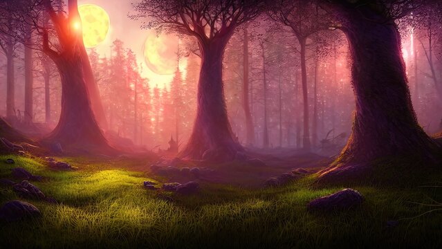 Magical dark fairy tale forest, neon sunset, rays of light through the trees. Fantasy forest landscape. Unreal world, moon, moss. 3D illustration. © MiaStendal