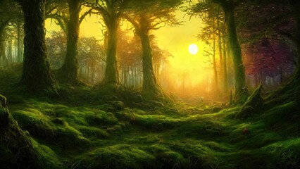 Obraz premium Magical dark fairy tale forest, neon sunset, rays of light through the trees. Fantasy forest landscape. Unreal world, moon, moss. 3D illustration.