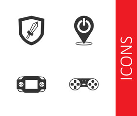 Set Game controller or joystick, Sword for game, Portable video console and Power button icon. Vector