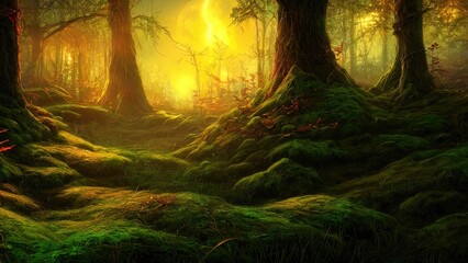 Fototapeta premium Magical dark fairy tale forest, neon sunset, rays of light through the trees. Fantasy forest landscape. Unreal world, moon, moss. 3D illustration.