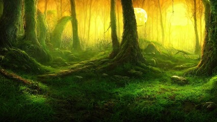 Obraz premium Magical dark fairy tale forest, neon sunset, rays of light through the trees. Fantasy forest landscape. Unreal world, moon, moss. 3D illustration.