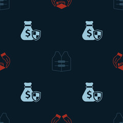 Set Education grant, Life jacket and Money bag with shield on seamless pattern. Vector