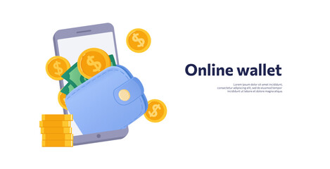 Online wallet. Flat style vector banner with illustration on white background. The concept of electronic money.