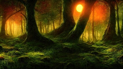 Obraz premium Magical dark fairy tale forest, neon sunset, rays of light through the trees. Fantasy forest landscape. Unreal world, moon, moss. 3D illustration.
