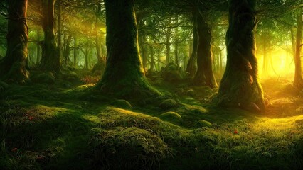 Obraz premium Magical dark fairy tale forest, neon sunset, rays of light through the trees. Fantasy forest landscape. Unreal world, moon, moss. 3D illustration.