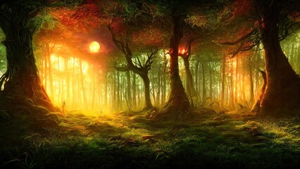 Naklejka premium Magical dark fairy tale forest, neon sunset, rays of light through the trees. Fantasy forest landscape. Unreal world, moon, moss. 3D illustration.