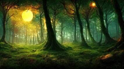 Fototapeta premium Magical dark fairy tale forest, neon sunset, rays of light through the trees. Fantasy forest landscape. Unreal world, moon, moss. 3D illustration.