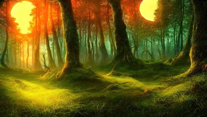 Magical dark fairy tale forest, neon sunset, rays of light through the trees. Fantasy forest landscape. Unreal world, moon, moss. 3D illustration.