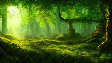 Fototapeta na wymiar Magical dark fairy tale forest, neon sunset, rays of light through the trees. Fantasy forest landscape. Unreal world, moon, moss. 3D illustration.
