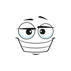 Cartoon satisfied face, vector ogle delighted smile happy facial emoji, funny character. Happiness human emotion, isolated comic face with toothy smiling mouth and goggle eyes