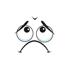 Cartoon sad face, vector negative feelings, sadness emotion, unhappy or upset emoji. Pained facial expression with pathetic eyes and closed curved mouth isolated on white background