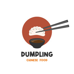 Vector illustration logo dumpling dim sum jaozi ready to eat with chopsticks and sauce