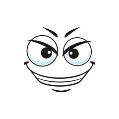 Cartoon villain face, vector gloat laugh emoji with angry eyes and laughing toothy mouth. Negative facial expression, funny feelings isolated on white background