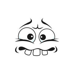 Cartoon toothed face, vector disgruntled facial emoji with stick up teeth. Funny creature, confused emotion, comic character with toothy mouth and round squinted eyes isolated stupid personage