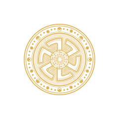 Magic symbol, gold circle with sun and ankh ornaments, moon and swastika sign isolated. Vector golden coin, alchemy and occult science, esoteric religion and astrology mystic symbol, tattoo design