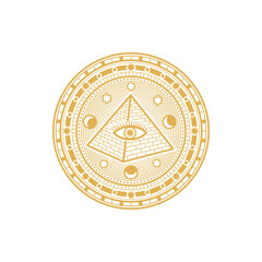 Magic masonry talisman with pyramid, eye and stars constellation isolated mystery circle. Vector pentagram, talisman of mason or freemason, horoscope astrology sign. Esoteric amulet, mandala