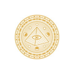 Magic masonry talisman with pyramid, eye and stars constellation isolated mystery circle. Vector pentagram, talisman of mason or freemason, horoscope astrology sign. Esoteric amulet, mandala