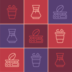 Set line Coffee cup to go, Electronic coffee scales and Pour over maker icon. Vector