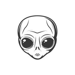 Martian head, fiction character with big ears isolated mystic face. Vector ufo invader paranormal alien, extraterrestrial futuristic paranormal being. Outer space creature with big black eyes