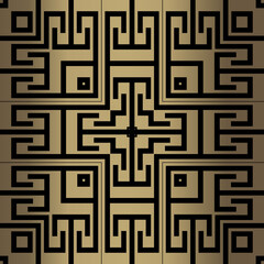 Gold greek style seamless pattern. Ornamental vector golden background. Repeat modern structured ornament. Tribal ethnic style trendy design. Abstract ornate backdrop. Greek key, meanders, mazes