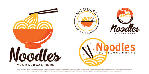 Set of Noodle logo design illustration for ramen icon with bowl and creative concept Premium Vector