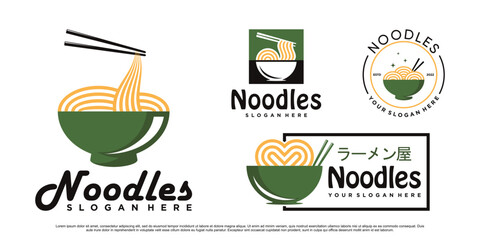 Set of Noodle logo design illustration for ramen icon with bowl and creative concept Premium Vector