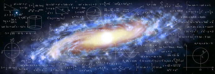 Illustration of basic physics and mathematics formulas and galaxy in universe. Banner design