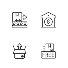 Set line Cardboard box with free symbol, Unboxing, Conveyor belt and Warehouse price icon. Vector