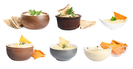 Set with delicious hummus with pita chips on white background