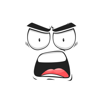 Cartoon Angry Shout Face Vector Yelling Or Scream Character Emoji With Mad Eyes And Open Yell Mouth. Furious Facial Expression, Aggressive Feelings, Isolated Comic Personage With Furrowed Brows