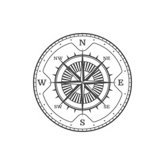 Marine travel compass symbol, cartography pictogram. Trip direction vintage symbol, navigation rose wind medieval vector sign. Marine travel antique emblem or old map windrose star icon