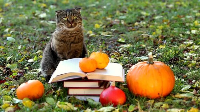 books and cat.Aggressive cat with a stack of books and a pumpkin set. 4k footage