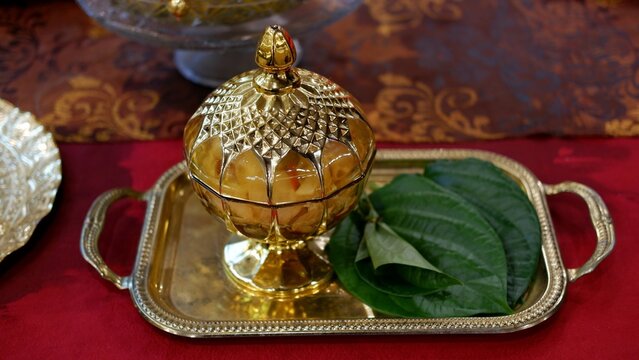 TEPAK SIRIH PINANG, a gold jar to put betel and areca nut in the traditional welcoming of guests in Indonesia