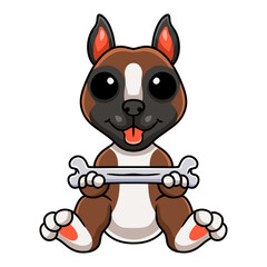 Cute little boxer dog cartoon holding a bone