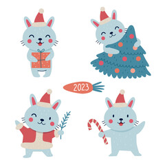 A set of cute Christmas bunnies. The symbol of 2023. Vector illustration