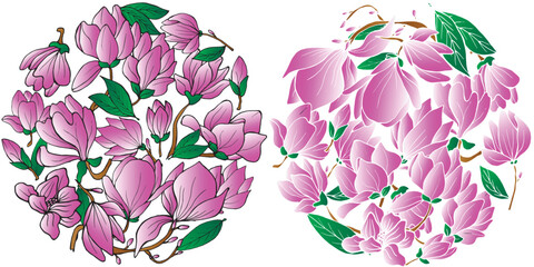 Magnolia flowers round emblems. Hand drawn vector illustration for cards, invitations, print and posters.