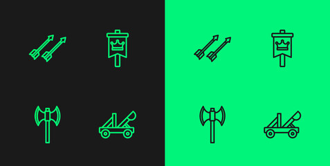 Set line Medieval catapult, poleaxe, arrows and flag icon. Vector