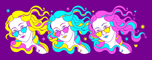 Y2K vector fun line art Illustration of the Venus. Crazy vibrant 2000's doodle graphic style. Aphrodite Goddess or Different women together. Poster, print about Feminism, support, girls Power.