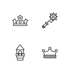 Set line King crown, Castle tower, and Mace with spikes icon. Vector