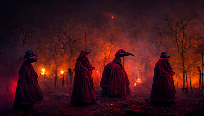 An abstract 3D illustration of robed plague doctors in a fire lit forest
