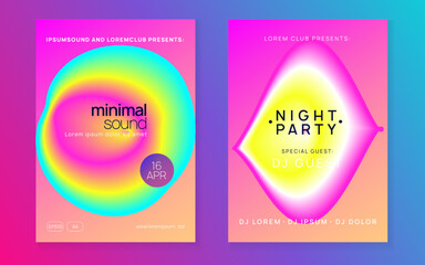 Neon Poster. Wavy Effect For Magazine. Elegant Background For Presentation Shape. Indie Disco Party. House And Discotheque Vector. Blue And Purple Neon Poster