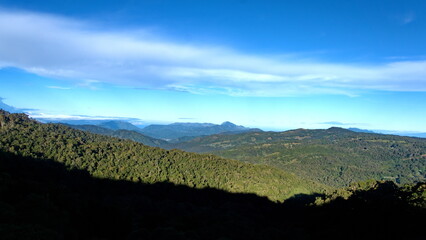 Overhead view of lush, rolling hills at the high altitude Paraiso Quetzal Lodge outside of San...