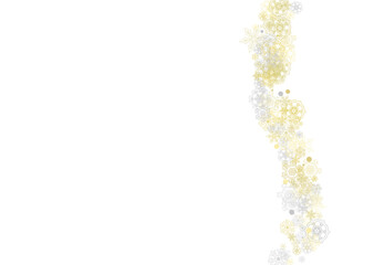 Gold snowflakes frame on white background. New year theme. Horizontal shiny Christmas frame for holiday banner, card, sale, special offer. Falling snow with gold snowflake and glitter for party invite