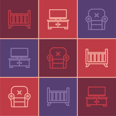 Set line Baby crib cradle bed, Armchair and TV table stand icon. Vector