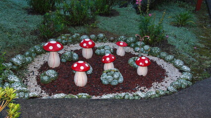 Succulents planted around ceramic mushrooms at the high altitude Paraiso Quetzal Lodge outside of San Jose, Costa Rica