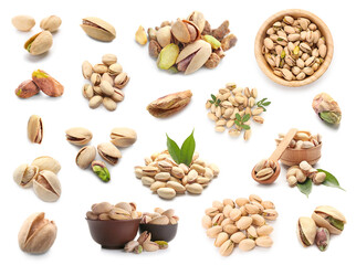 Set of tasty pistachios isolated on white
