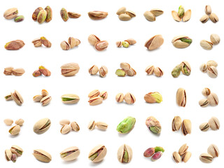 Set of tasty pistachios isolated on white