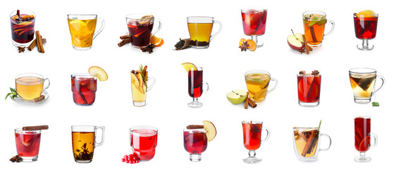 Set of tasty hot beverages on white background